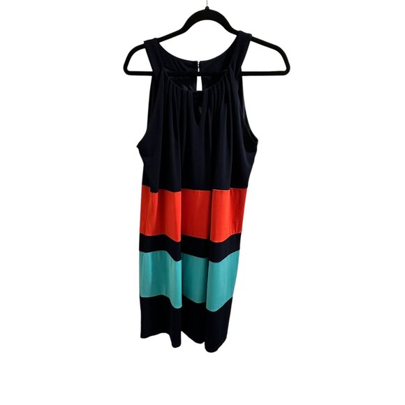🍒 2/$20 🍒 Striped Sleeveless Navy, Orange, Turquoise Dress En Focus Women 16W - Picture 1 of 7